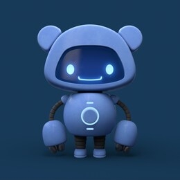 little cute blue robot with bear ears. friendly kawaii bot with glowing smiling face on the screen. lovely robotic toy. concept art funny personal assistant robot. 3d illustration on blue background.