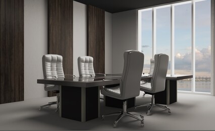 office cabinet with wood paneling on the walls. meeting with company leaders.. 3d rendering.
