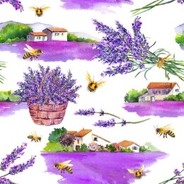 lavender flowers, field, rural houses and honey bees. floral basket, bouquet in french provencal style. watercolor seamless pattern