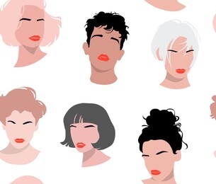 seamless wallpaper pattern. colored abstract faces of mannequin people with hairstyle, lips, eyebrows. different characters. textile composition, hand drawn style print. vector illustration.