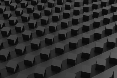 minimal black background of geometric 3d cubes. minimalist style dark matte black squares. simple modern 3d render illustration. trendy black cubes abstract 3d geometrical pattern.