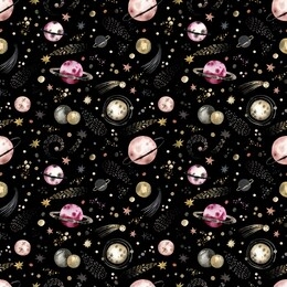 seamless pattern starry sky with meteors, planets, golden stars painted by watercolor. bright vintage hand-drawn background with starry sky.