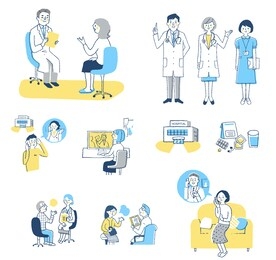 set of various scenes of patients consulting with medical institutions
