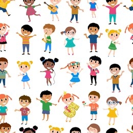 seamless pattern happy kids. multicultural children in different positions isolated on white background.