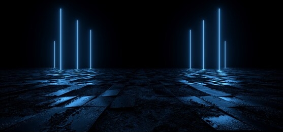 sci fi futuristic dark night  neon laser classic pantone blue beams pillars rough tiled ground concrete stone tiles reflective cyber virtual glowing 3d rendering illustration