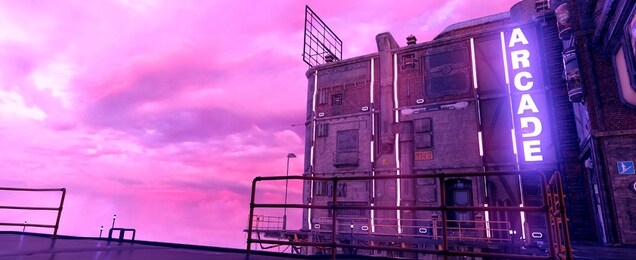 city of a future against purple sunset sky with clouds. futuristic building with bright neon lights. wallpaper in a style of cyberpunk. 3d ilustration.
