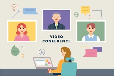 video conferencing. a woman is video conferencing on various screens. flat design style minimal vector illustration.