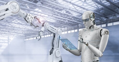 automation factory concept with 3d rendering cyborg in factory