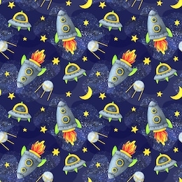 infinite universe.space seamless pattern. spacecraft, flying saucer, satellite on the background of the starry sky. children's watercolor illustration. cute print with a planet, meteorite, asteroid