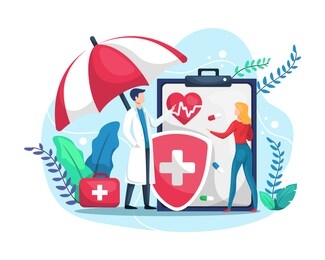 vector illustration health insurance concept. big clipboard with shield, doctor and woman under umbrella. healthcare, finance and medical service. vector illustration in flat style