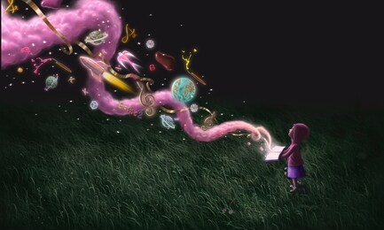 education￼ and freedom concept, little girl with imagination￼ book. surreal painting. fantasy art.