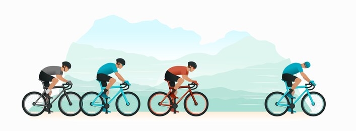 cycling in nature. cyclists chase the leader of the race. the head of the peloton. the cyclist looks back at the pursuers. vector illustration.