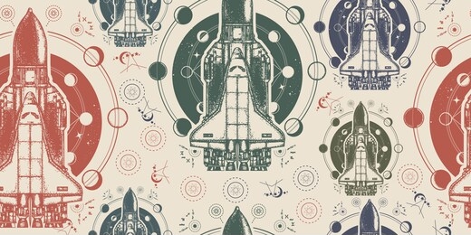 space shuttle. seamless pattern. packing old paper, scrapbooking style. vintage background. medieval manuscript, engraving art. symbol of flight to new galaxies
