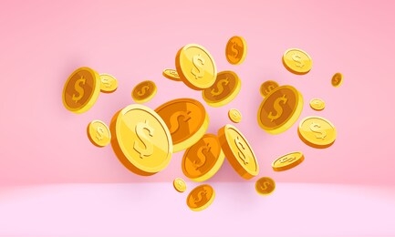 golden coins falling into a pink piggy bank, isolated on white. us dollar coins. bank and investment concept. inserting a coin into a piggy bank. pink background gradient.