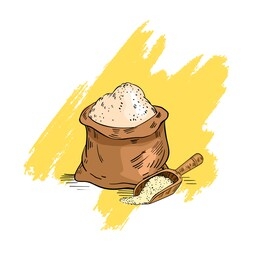 flour bag and scoop in engraving vintage style isolated on white. yellow brushstroke on the background. vector farming illustration for natural products shops, logos, packages and labels.