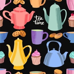 kitchen seamless pattern of decorative colorful cups, mugs, teapots, cookies and cupcakes. vector illustration in flat style with dry brush texture on dark chalkboard background.