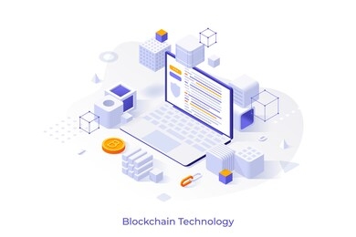 concept with laptop computer surrounded by cubes and bitcoins. concept of blockchain technology. isometric vector illustration for cryptocurrency project advertisement, presentation, website.