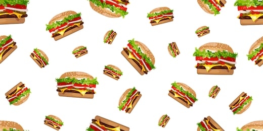 burger seamless fun pattern. vector realistic cheeseburger with lettuce tomato onion cheese beef and sauce close up isolated on blue background. fast food