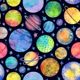 seamless pattern with colorful planets and stars on dark background. watercolor space illustration