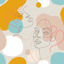 abstract woman portrait seamless pattern. female face one line drawing on minimal shapes and curved lines background. women portraits illustration for fashion design. beauty line art