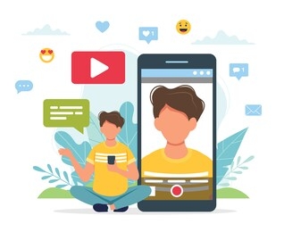 video blogger recording video with smartphone. cute vector illustration in flat style