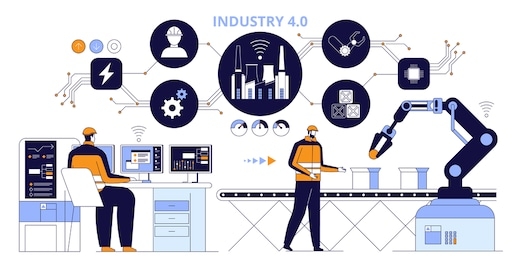smart factory. industry 4.0 monitoring app on a smartphone and smart automated production line with workers and robots on the background vector illustration