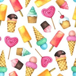seamless pattern with ice cream, desserts and sweets.