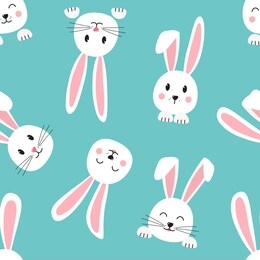 seamless pattern with cartoon easter bunnies, face of rabbits on turquoise background. vector illustration