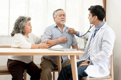 asian elderly couples are sick doctor to check their symptoms at home. health care , life style, pharmacy, medical, elder insurance after retire concept.