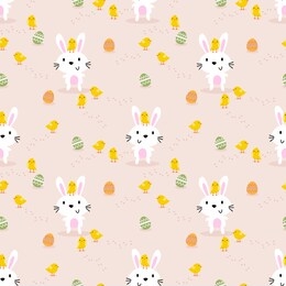 cute white rabbit, little chick and easter eggs seamless pattern. lovely bunny on easter background.