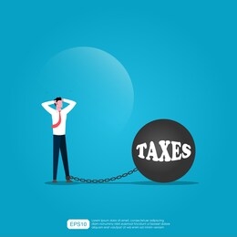 businessman got ankle chained by  taxes ball concept. man character fells frustrated because of high taxes. metaphor vector illustration