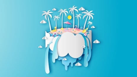 abstract paper art of wonder island scenery in summer. wonderland sea. graphic design for summer. paper cut and craft style. vector, illustration.