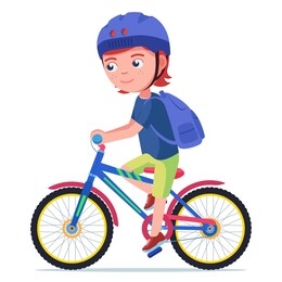 boy riding a bike. vector illustration character cartoon little boy riding a bike in a helmet and a backpack. child in a helmet drives a bicycle. kid safe cycling.