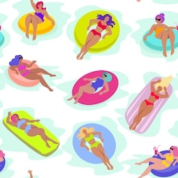 young womans on inflatable in swimming pool floats. hand drawn tropical vacation seamless colorful vector pattern. cartoon flat style illustration on white background.