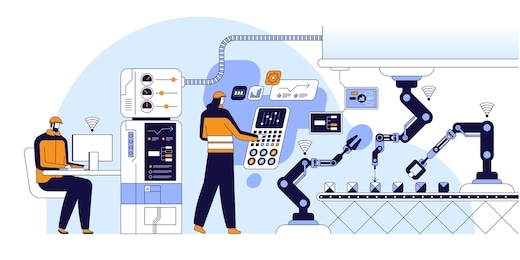 innovative production flat vector illustration. male and female engineers cartoon character. modern computer technologies in manufacturing. industry 4.0 concept. coworkers control assembling line