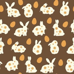 easter cute hand drawn rabbit silhouette with eggs and flowers doodle seamless vector pattern