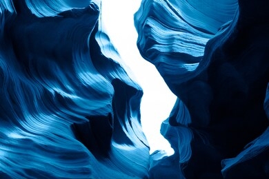 trend color 2020 classic blue, top view, layout for design. mountain texture in trendy blue color. trendy color concept year, classic blue background. lower antelope canyon travel to america, arizona.