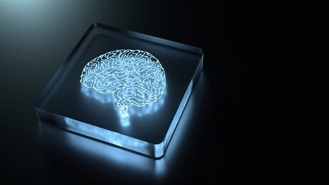 3d rendering of artificial intelligence hardware concept. glowing blue brain circuit on microchip. for stock trading, financial management, deep machine learning, or technology product background