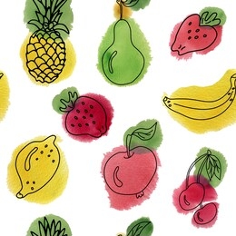 summer fruit seamless pattern with apple, pineapple, pear, lemon, cherry,  strawberry  and banana. doodle illustration with watercolor stains. white background.