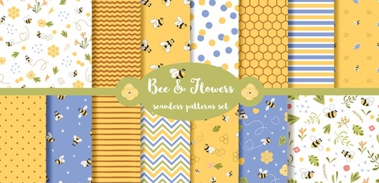 bee seamless pattern collection. summer background set. yellow cute print with bee, flower, honey, geometric lines, polka dot, zigzag ornament. hand drawn fabric graphic design. vector illustration.