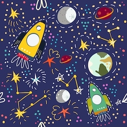 rocket space, cosmos exploration, seamless vector pattern. galaxy with planets and stars. flat hand drawn style childish illustration, great for wallpper, textile and texture design