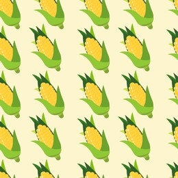 seamless pattern with yellow corn and leaves on pastel green background. vector illustration.	