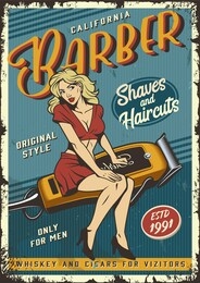 vintage barbershop poster with pin up attractive blonde woman sitting on barber electric hair clipper  illustration