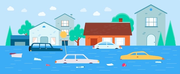 houses and transport flooding under water, flat cartoon vector illustration background. rescue operation after nature disasters and global warming banner template.
