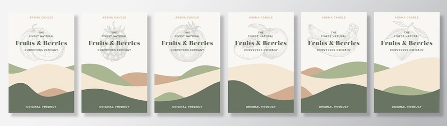aroma candle vector labels template bundle. fruits and berries scents set advert design. sketch background layouts with abstract waves decor. natural smell product package text space collection.