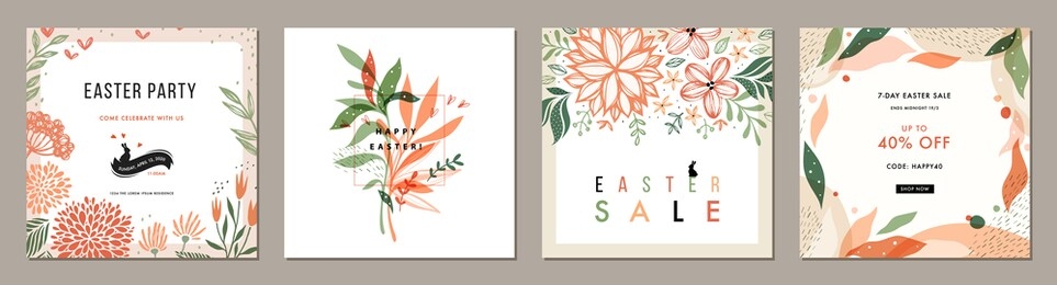 trendy easter floral square templates. suitable for social media posts, mobile apps, cards, invitations, banners design and web/internet ads. vector illustration.