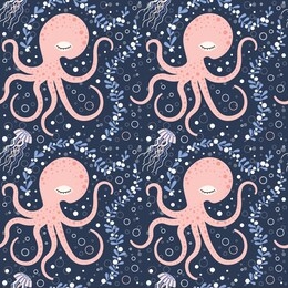 sea dream fairytale pattern with cute octopus, jellyfish and sea plants. ocean life aquatic seamless background with marine creatures and underwater animals for textile prints, fabric and paper.