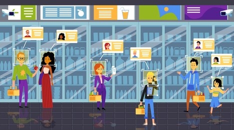 supermarket interior with biometrical identification facial recognition system, flat vector illustration. security verification method of people identity.