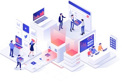 
isometric space with people working with computers and devices. people are interacting with charts, tables, and charts.web development and we design concept.