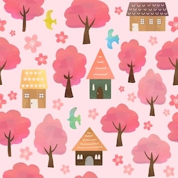 seamless patten of houses, cherry blossom trees and birds, watercolor texture